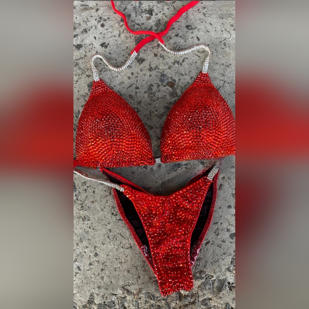 Red Crystal Embellished Bikini Set with Rhinestone Accents